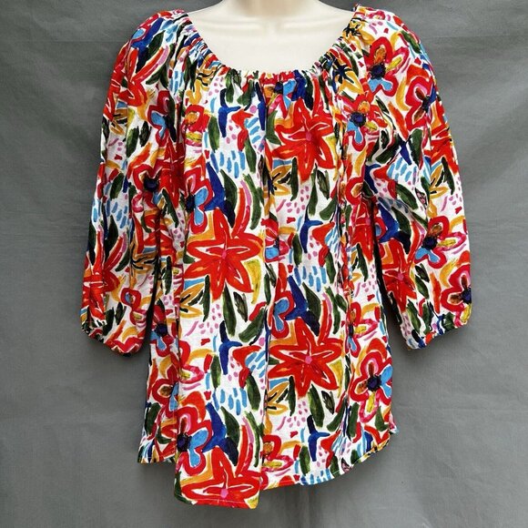 Linen Blend By Heater Orchard Multicolored Off The Shoulder Top Shirt Sz L - Picture 1 of 7